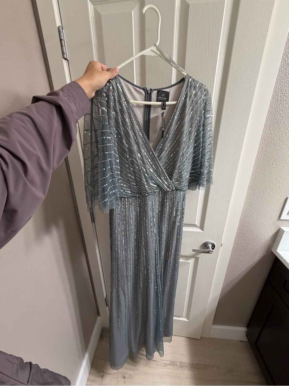 Adrianna Papell Silver Beaded V-Neck Maxi Dress